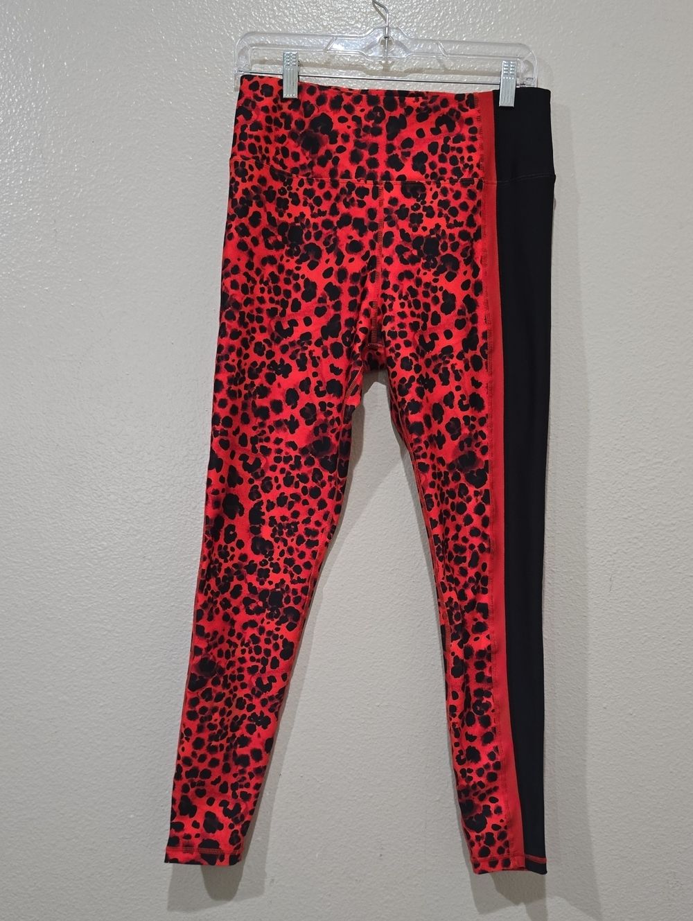 Betsey Johnson Red and Black Leopard-Print Leggings with Black Side Panel